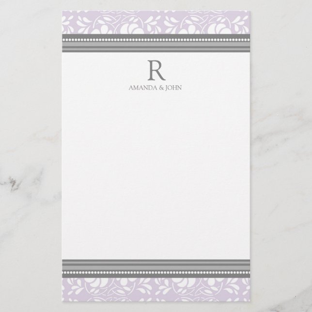 Lilac Gray White Wedding Monogram Stationery (Front)