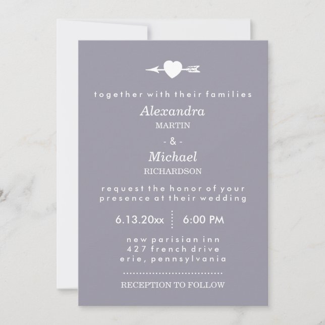 Lilac Gray with Heart and Arrow Elegant Wedding Invitation (Front)