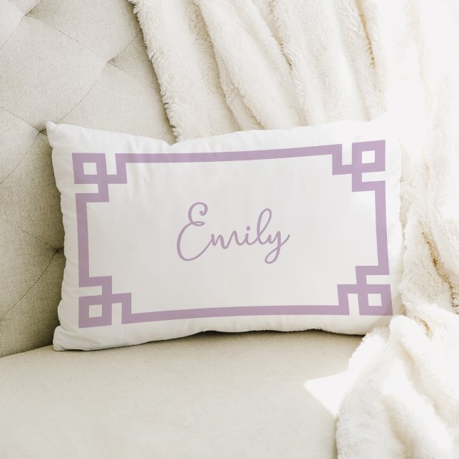 Lilac Greek Key Monogrammed Name Lumbar Pillow (Creator Uploaded)