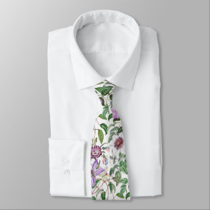 Lilac Green White Vintage Botanical Flowers Neck Tie