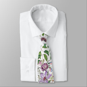 Lilac Green White Vintage Botanical Flowers Neck Tie