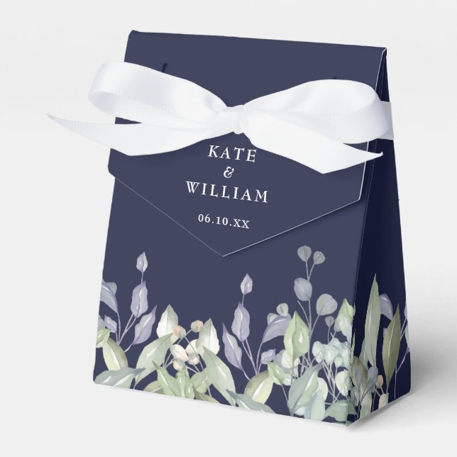 Lilac Greenery Floral Navy Blue Wedding Favor Boxes (Front Side)