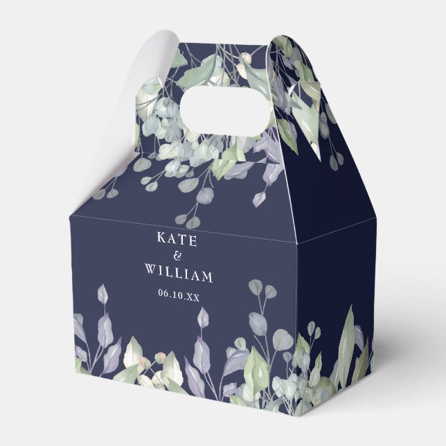 Lilac Greenery Floral Navy Blue Wedding Favor Boxes (Front Side)