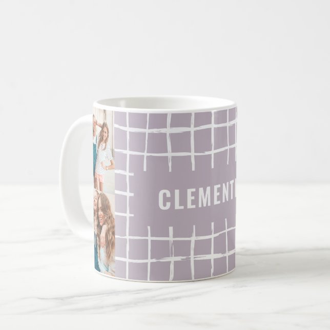 Lilac grid 4 photo modern minimal simple coffee mug (Front Left)