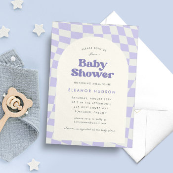Lilac Groovy 70s Checkerboard Baby Shower Invitation by ClementineCreative at Zazzle