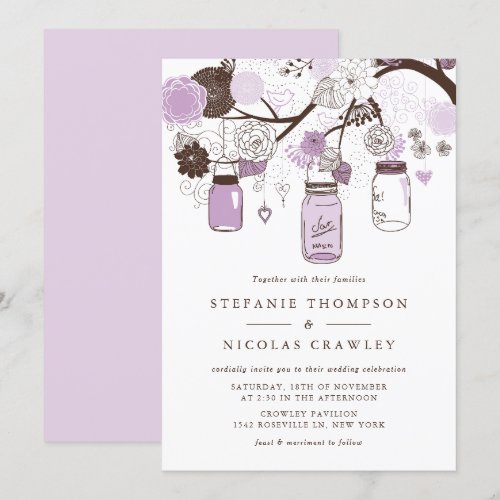 Lilac &amp; Brown Mason Jars Floral Wedding Invitation