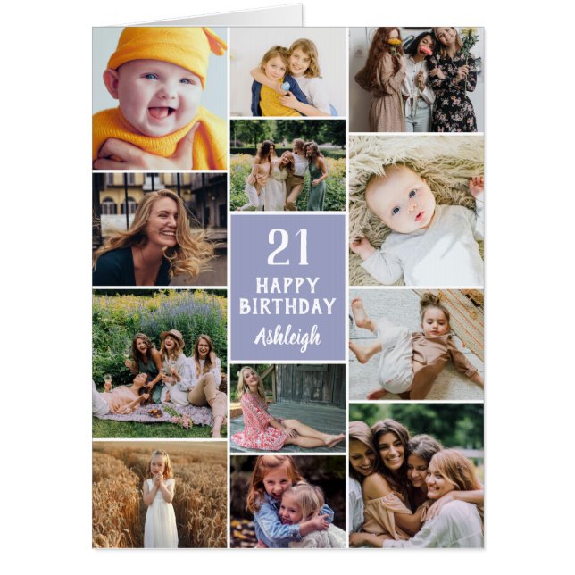 Lilac Happy Birthday 12 Photo Collage Big Card (Front)