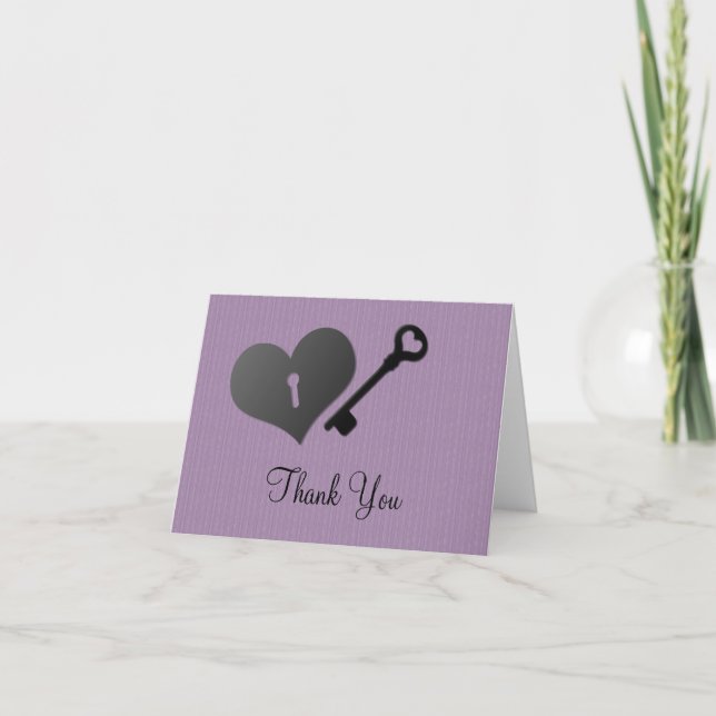 Lilac Heart Lock and Key Thank You Card (Front)