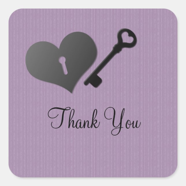 Lilac Heart Lock and Key Thank You Stickers (Front)