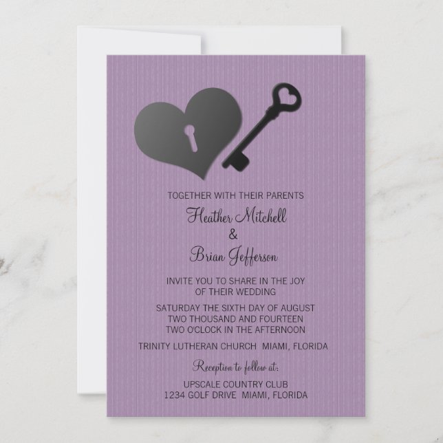 Lilac Heart Lock and Key Wedding Invite (Front)