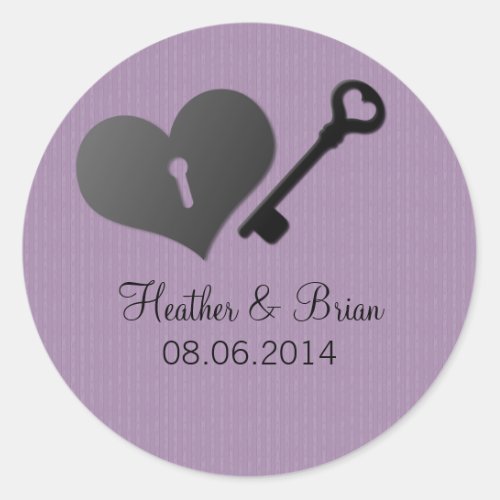 Lilac Heart Lock and Key Wedding Stickers
