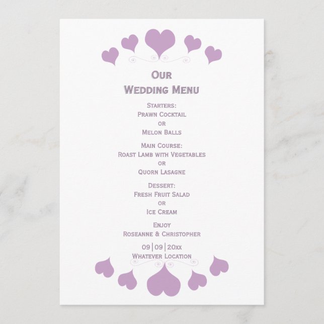 Lilac Hearts Design Wedding Menu (Front)