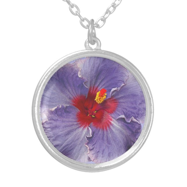 Lilac Hibsicus Bloom Silver Plated Necklace (Front)