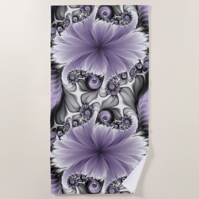 Lilac Illusion Abstract Floral Fractal Art Fantasy Beach Towel (Front)