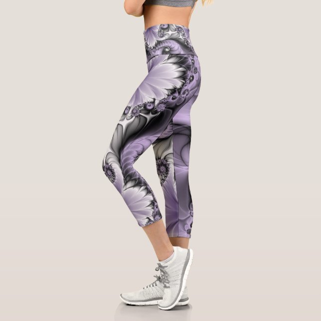 Lilac Illusion Abstract Floral Fractal Art Fantasy Capri Leggings (Left)