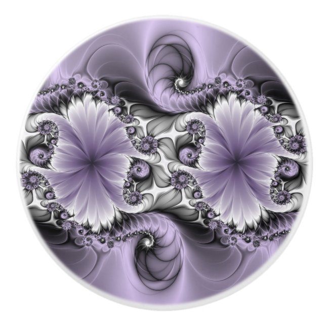 Lilac Illusion Abstract Floral Fractal Art Fantasy Ceramic Knob (Front)