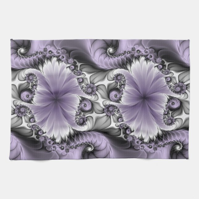 Lilac Illusion Abstract Floral Fractal Art Fantasy Kitchen Towel (Horizontal)