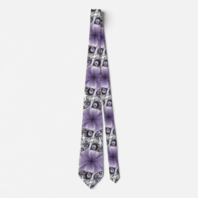 Lilac Illusion Abstract Floral Fractal Art Fantasy Neck Tie (Front)