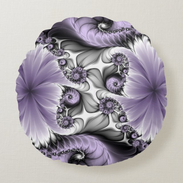 Lilac Illusion Abstract Floral Fractal Art Fantasy Round Pillow (Front)
