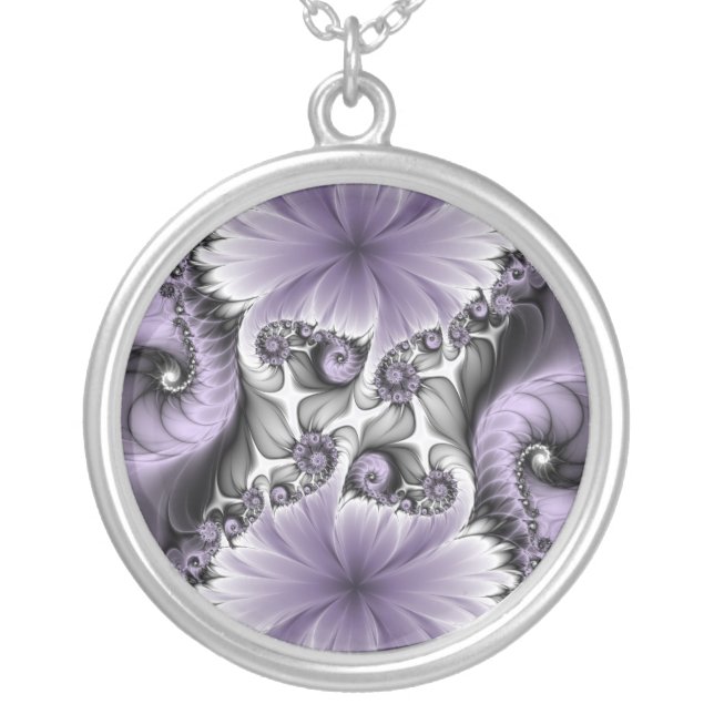 Lilac Illusion Abstract Floral Fractal Art Fantasy Silver Plated Necklace (Front)