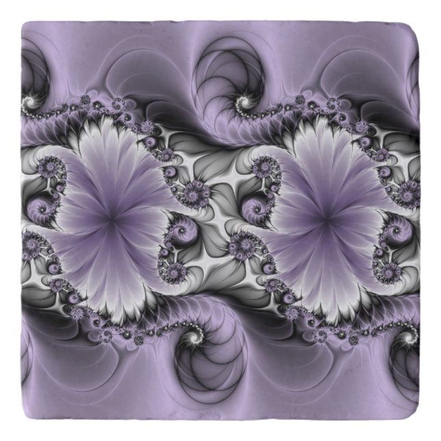 Lilac Illusion Abstract Floral Fractal Art Fantasy Trivet (Front)