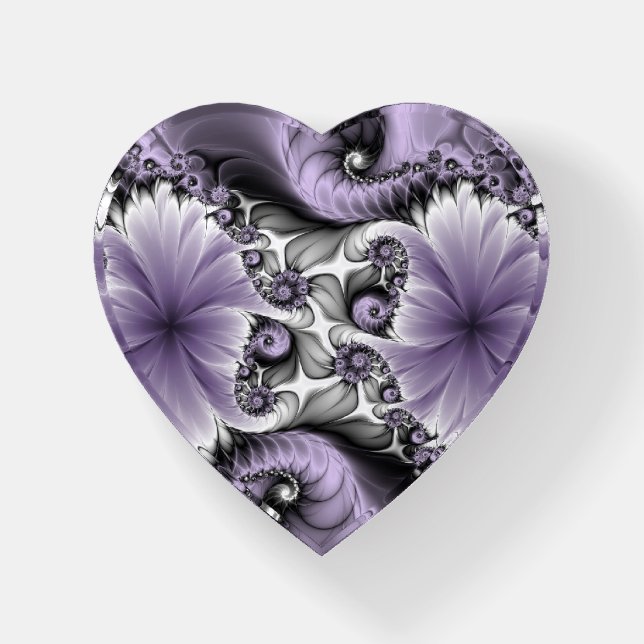 Lilac Illusion Abstract Floral Fractal Art Heart Paperweight (Front)