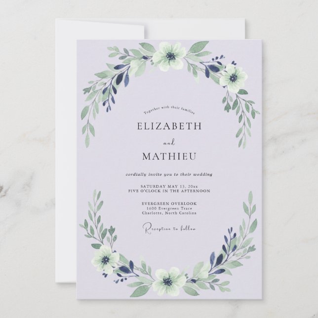 Lilac Indigo Leafy Wedding Invitation (Front)