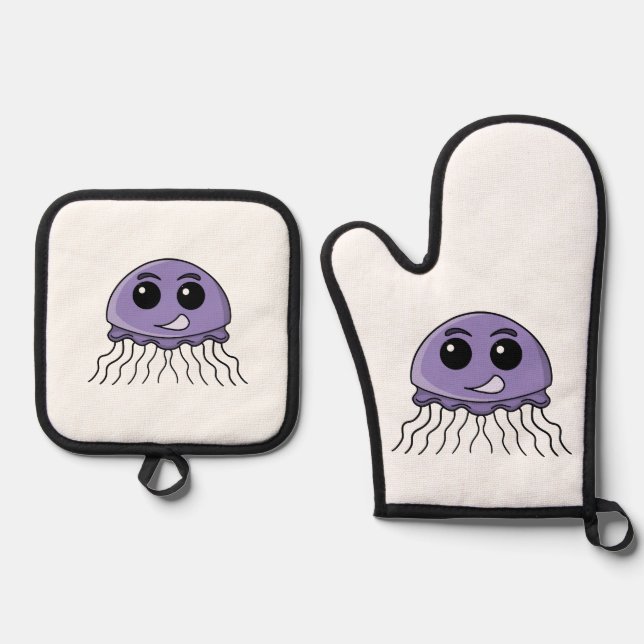 Lilac Jellyfriend Cartoon Oven Mitt & Pot Holder Set (Front)