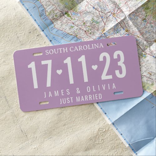 Lilac Just Married Custom Wedding Date License Plate