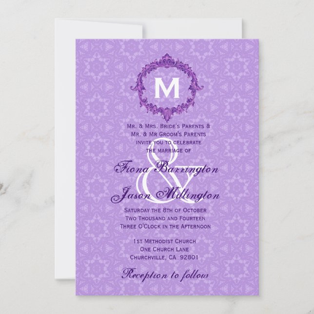 Lilac Lace Vintage Frame Monogram Wedding J454 Invitation (Front)