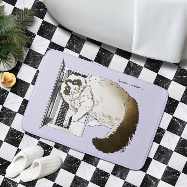 Lilac Laptop Cat Funny Cute Bath Mat (Creator Uploaded)