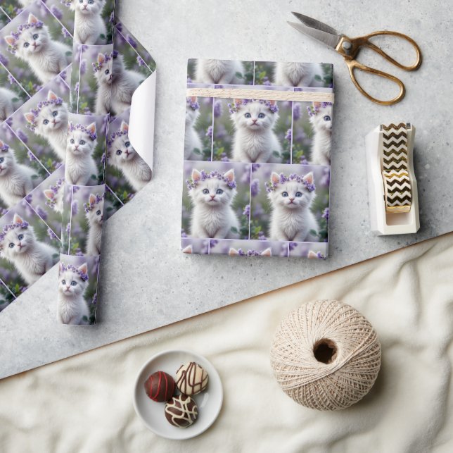 Lilac Laurel On a White Kitten Wrapping Paper (Crafts)