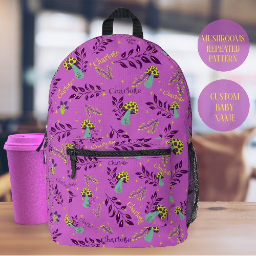 Lilac Lavander Custom Baby Name Trippy Mushrooms Printed Backpack