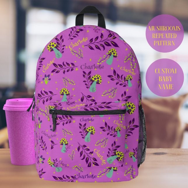 Lilac Lavander Whimsical Mushrooms Preschool Printed Backpack (Mushrooms repeated pattern!)