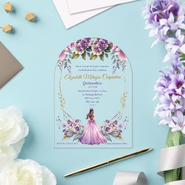 Lilac Lavender Floral Quinceañera Acrylic Invitations (Insitu (Wedding))
