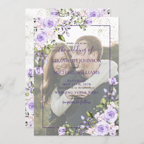 Lilac Lavender Floral Vellum Overlay Photo Wedding Invitation - Create the perfect wedding invitation with this trendy lilac lavender purple eucalyptus botanical and faux gold greenery watercolor design, featuring your favorite engagement photo in a digital vellum overlay look, with hand lettered script typography and faux gold dust. Contact designer for matching products. Copyright Elegant Invites, all rights reserved.