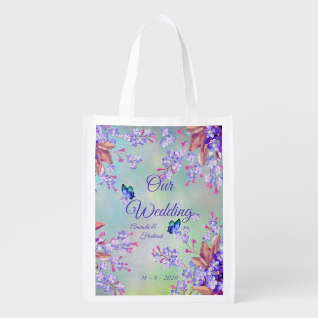 Lilac Lavender Flower Wedding Grocery Bag (Front)