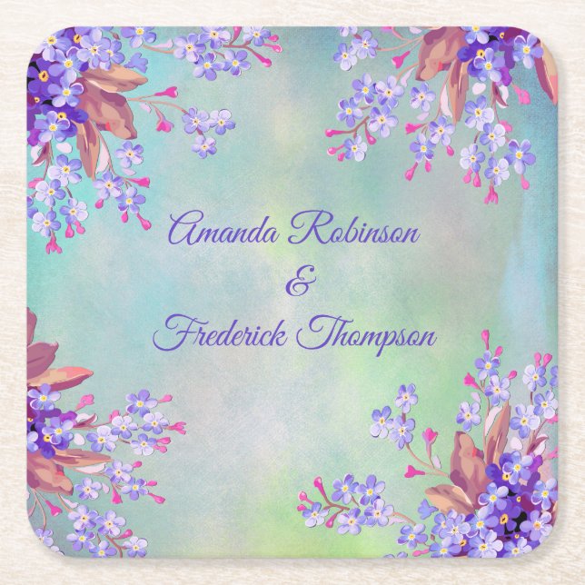 Lilac Lavender Flower Wedding Square Paper Coaster (Front)