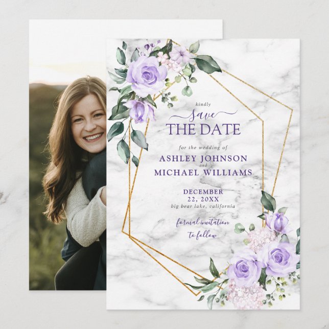 Lilac Lavender Gold Geometric Photo Save the Date (Front/Back)