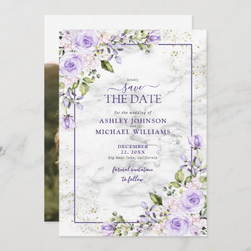 Lilac Lavender Gold Geometric Photo Save the Date - Modern and trendy, this pretty wedding Save the Date card design features a Purple fame embellished with lilac lavender purple florals, dusty blue green watercolor greenery, gold glitter and features trend hand lettering. The back of the card features your favorite engagement photo. Part of a matching wedding suite. Copyright Elegant Invites, all rights reserved.