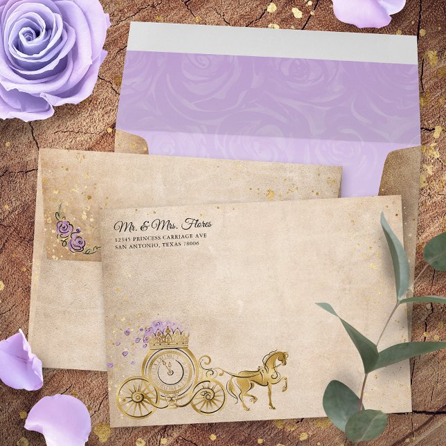 Lilac Lavender Gold Horse Carriage Return Address Envelope (Personalized lilac lavender princess carriage envelopes for your quinceanera, sweet 16 or wedding.)