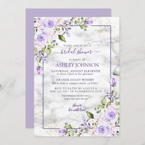 Lilac Lavender Gold Marble Floral Bridal Shower Invitation - Modern and trendy, this gorgeous bridal shower invitation design features rustic hand lettering, a purple frame embellished with lilac lavender purple watercolor roses and flowers, over a faux white marble texture and gold glitter. Part of a matching set. Copyright Elegant Invites. All rights reserved.