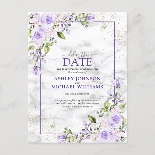 Lilac Lavender Gold Marble Floral Delay The Date Announcement Postcard - Modern and trendy, this pretty wedding Delay the Date postcard design features rustic hand lettering, a purple frame embellished with lilac lavender purple watercolor roses and flowers, over a faux white marble texture and gold glitter. The back of the postcard allows for your return address and personal message. Copyright Elegant Invites. All rights reserved.