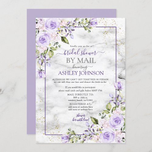 Lilac Lavender Gold Marble Floral Shower by Mail Invitation - Modern and trendy, this gorgeous bridal shower by mail invitation design features a purple frame embellished with lilac lavender purple watercolor roses and flowers, over a faux white marble texture and gold glitter. Part of a matching set. Copyright Elegant Invites. All rights reserved.