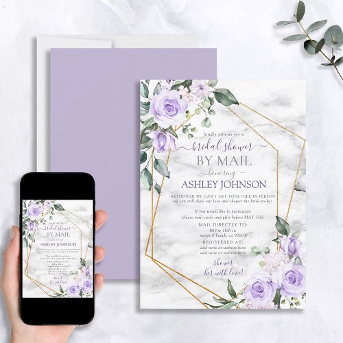 Lilac Lavender Gold Marble Floral Shower by Mail Invitation