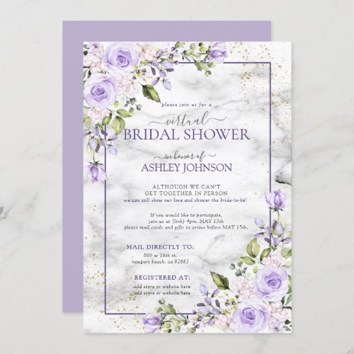 Lilac Lavender Gold Marble Floral Virtual Shower Invitation - Modern and trendy, this gorgeous virtual bridal shower invitation design features rustic hand lettering, a purple frame embellished with lilac lavender purple watercolor roses and flowers, over a faux white marble texture and gold glitter. Part of a matching set. Copyright Elegant Invites. All rights reserved.