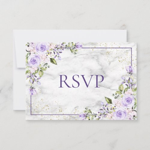 Lilac Lavender Gold Marble Floral Wedding RSVP - Modern and trendy, this pretty wedding invitation RSVP design features rustic hand lettering, a purple frame embellished with lilac lavender purple watercolor roses and flowers, over a faux white marble texture and gold glitter. Plan white envelopes are included. To remove meal choices, we have create a how-to video for you here: https://youtu.be/ZGpeldQgxoE   Part of a matching wedding set. Copyright Elegant Invites. All rights reserved.