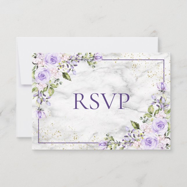 Lilac Lavender Gold Marble Floral Wedding RSVP Card (Front)