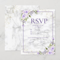 Lilac Lavender Gold Marble Floral Wedding RSVP Inv