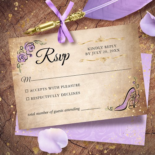 Lilac Lavender Gold Princess Shoe Elegant Wedding RSVP Card